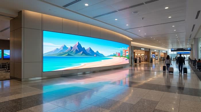 Curved indoor LED video wall in an airport concourse