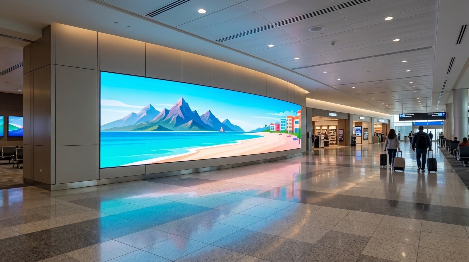Curved LED feature wall in an airport concourse