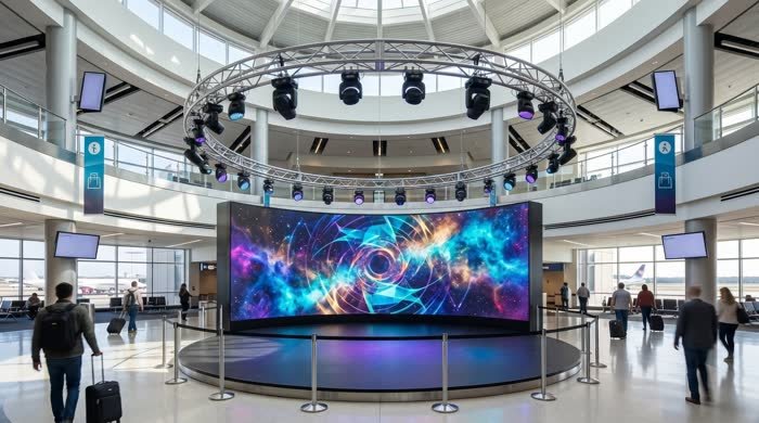 Curved LED wall behind a small performance stage