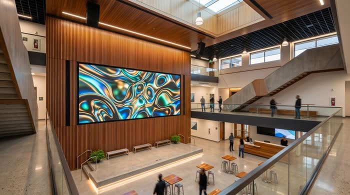 Wide LED display in a community lobby
