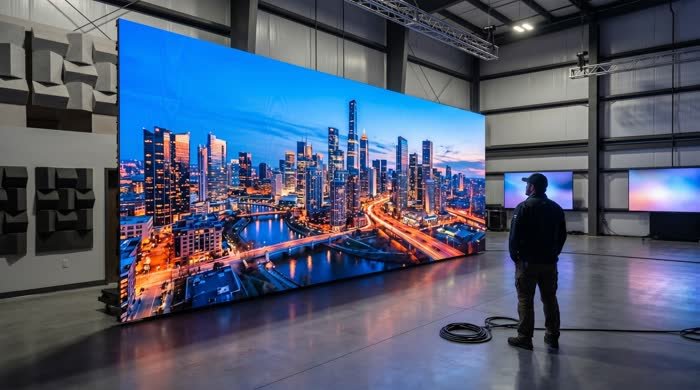 Large LED wall showing a city skyline in a broadcast studio