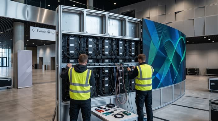 Installers at work on LED panels
