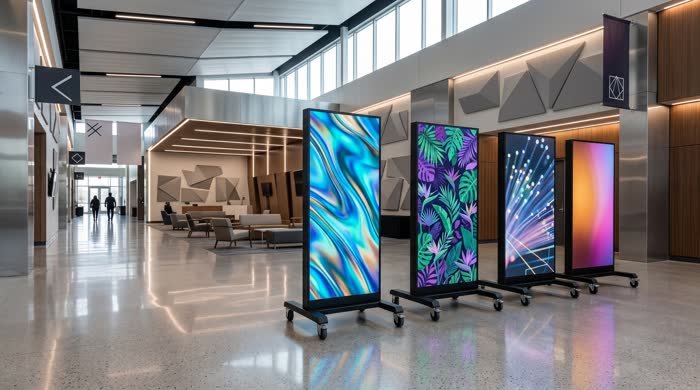 Four mobile LED displays staged in a hall