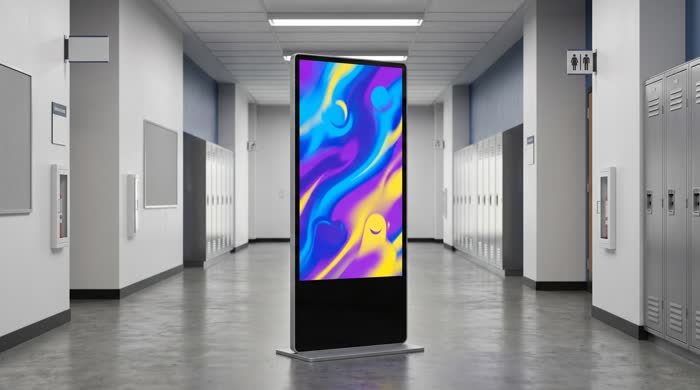 LED poster display in a school hallway