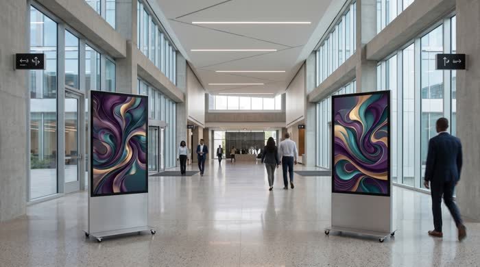 Two freestanding vertical LED poster displays in a modern lobby