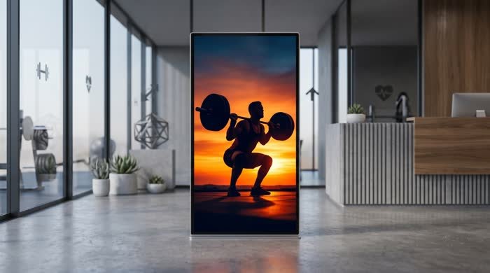 Vertical LED poster in a fitness studio lobby