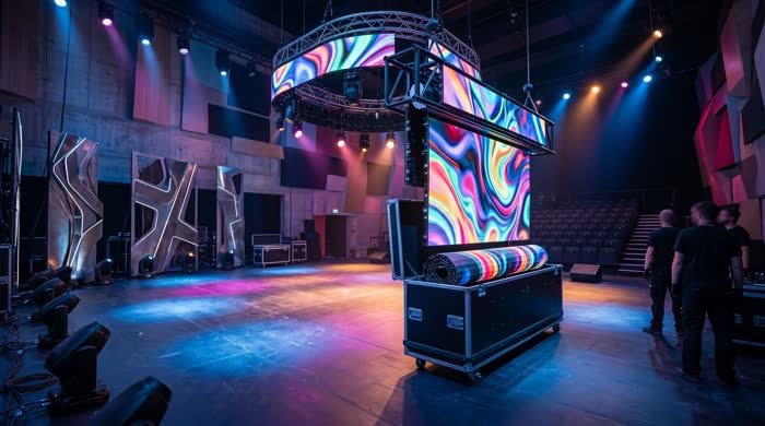Roll-up LED display unit deploying from a case