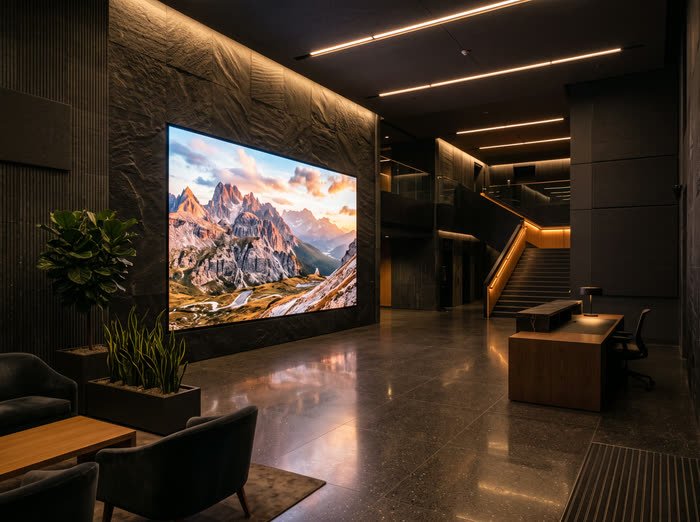 Seamless flush-mounted LED picture wall in a dark stone corporate lobby